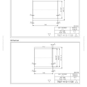 以下が含まれることがあります： C7プッシュツールとC8プッシュツールの技術図面。C7ツールは100mm x 82.6mm、C8ツールは100mm x 114.3mmです。両方とも部品番号と材料仕様が含まれています。