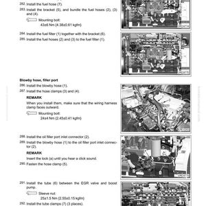 May include: Engine assembly diagram with numbered steps and images of engine components. Instructions detail the installation of fuel hoses, brackets, and clamps. Measurements are in Newton meters (Nm) and kilograms-force meters (kgfm).