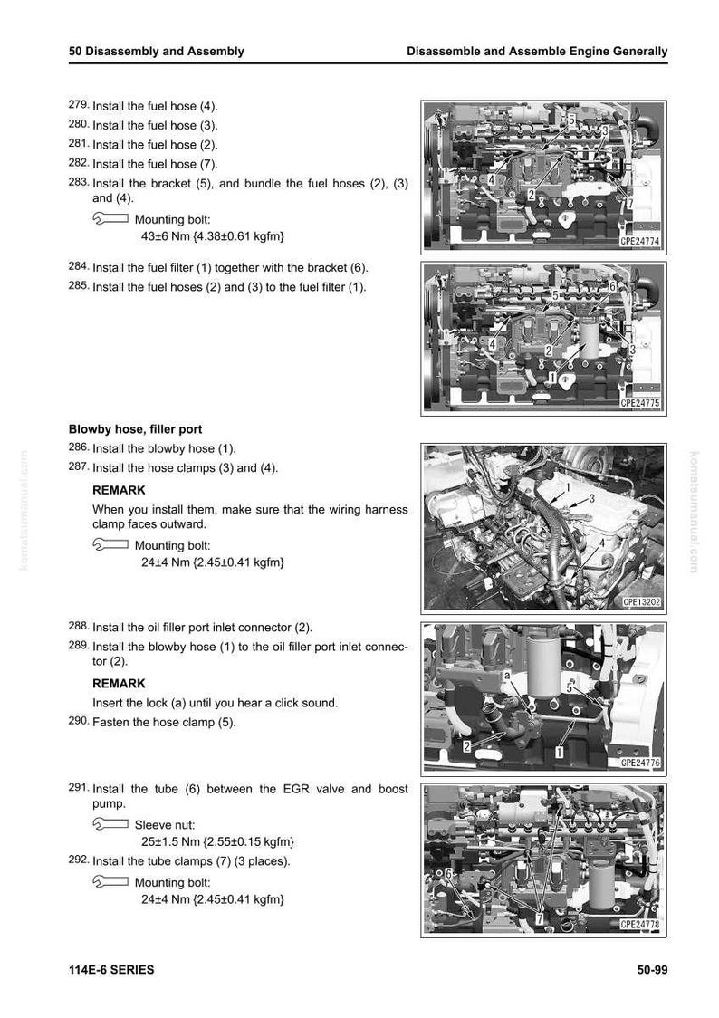 May include: Engine assembly diagram with numbered steps and images of engine components. Instructions detail the installation of fuel hoses, brackets, and clamps. Measurements are in Newton meters (Nm) and kilograms-force meters (kgfm).