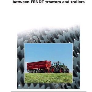 May include: A brochure cover with the text "Service Training" and "Brake system - synchronisation between FENDT tractors and trailers." A red trailer is pulled by a green tractor on a grassy field under a blue sky.