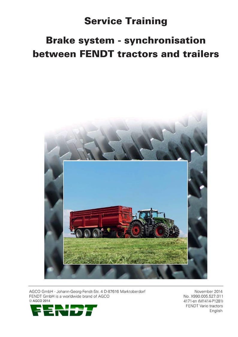 May include: A brochure cover with the text "Service Training" and "Brake system - synchronisation between FENDT tractors and trailers." A red trailer is pulled by a green tractor on a grassy field under a blue sky.