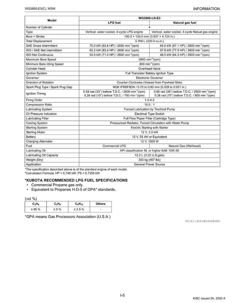 May include: Technical specifications chart for WG3800-LN-E3 engines, detailing models, fuel types, and performance metrics. Includes bore and stroke measurements in inches, and weight in pounds. Also lists Kubota LPG fuel specifications.