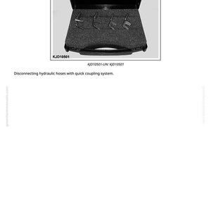 Puede incluir: Un kit de herramientas negro etiquetado "KJD10501 - Disconnecting Tool-Kit" que contiene varias herramientas de metal. Las herramientas est&aacute;n dise&ntilde;adas para desconectar mangueras hidr&aacute;ulicas con un sistema de acoplamiento r&aacute;pido. El texto "KJD10501" tambi&eacute;n es visible.