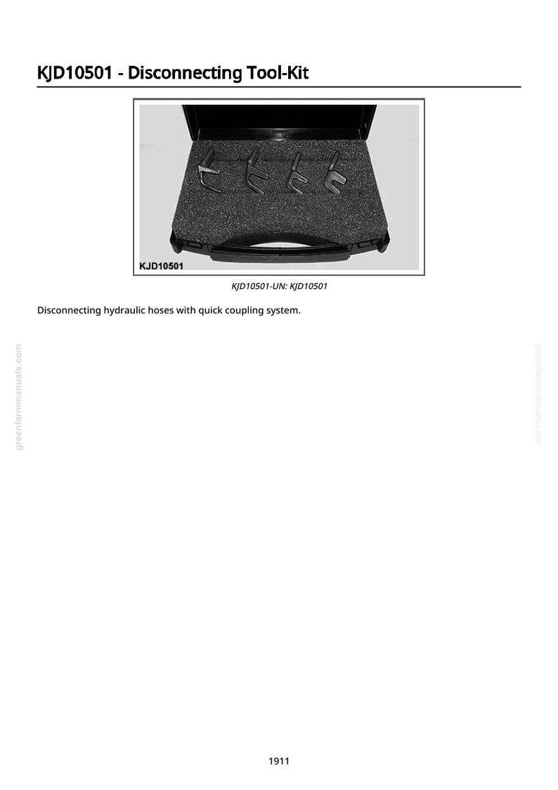 Puede incluir: Un kit de herramientas negro etiquetado "KJD10501 - Disconnecting Tool-Kit" que contiene varias herramientas de metal. Las herramientas est&aacute;n dise&ntilde;adas para desconectar mangueras hidr&aacute;ulicas con un sistema de acoplamiento r&aacute;pido. El texto "KJD10501" tambi&eacute;n es visible.