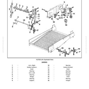 Peut inclure: Un sch&eacute;ma &eacute;clat&eacute; des composants du support et du cintre de la batteuse. L'image pr&eacute;sente diverses pi&egrave;ces m&eacute;caniques, telles que des bras, des paliers, des arbres et des isolateurs. Le sch&eacute;ma est num&eacute;rot&eacute; avec une l&eacute;gende pour identifier chaque composant.