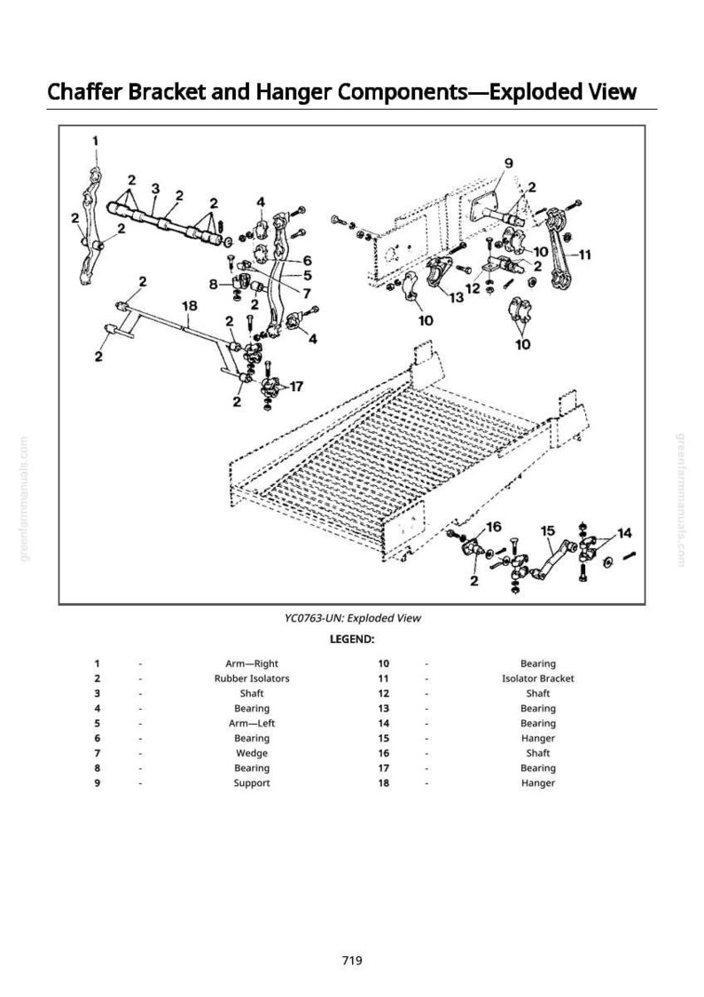 Peut inclure: Un sch&eacute;ma &eacute;clat&eacute; des composants du support et du cintre de la batteuse. L'image pr&eacute;sente diverses pi&egrave;ces m&eacute;caniques, telles que des bras, des paliers, des arbres et des isolateurs. Le sch&eacute;ma est num&eacute;rot&eacute; avec une l&eacute;gende pour identifier chaque composant.