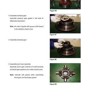May include: Technical diagram with assembly instructions for a rear axle. Includes images of mechanical components such as gears, bearings, and gaskets. Text includes assembly steps and notes on lubrication.
