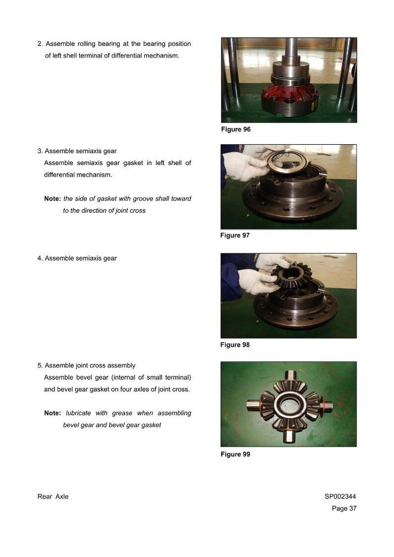 May include: Technical diagram with assembly instructions for a rear axle. Includes images of mechanical components such as gears, bearings, and gaskets. Text includes assembly steps and notes on lubrication.