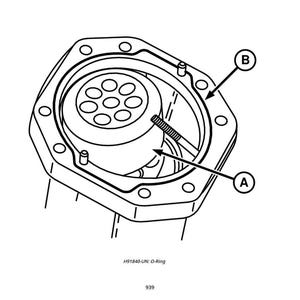 May include: Line drawing of a mechanical component, featuring a circular element with multiple holes surrounded by a hexagonal frame. The image includes labels A and B, and the text "H91840-UN: O-Ring".