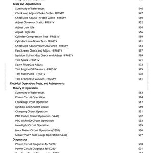 May include: A page from a manual with a list of diagnostic tests and adjustments for an engine. The text includes topics like "Diagnose Engine Operation" and "Test Spark - FR651V". The page numbers are listed on the right.