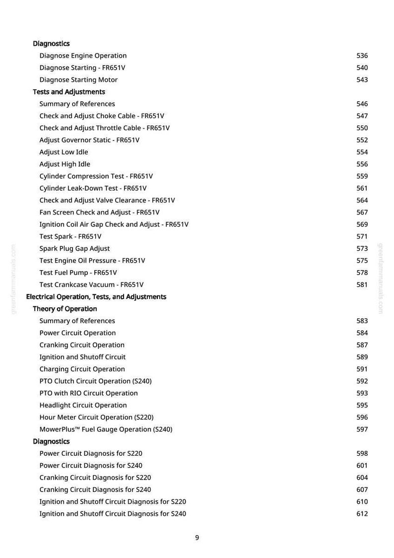 May include: A page from a manual with a list of diagnostic tests and adjustments for an engine. The text includes topics like "Diagnose Engine Operation" and "Test Spark - FR651V". The page numbers are listed on the right.