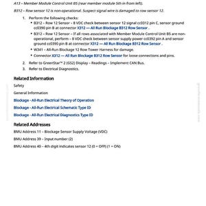 May include: A technical document with the title "BMU 523013.31 - Member Module B5 Row 12 Sensor is Non-Operational." The document includes troubleshooting steps, related information, and related addresses. The text is in black on a white background.