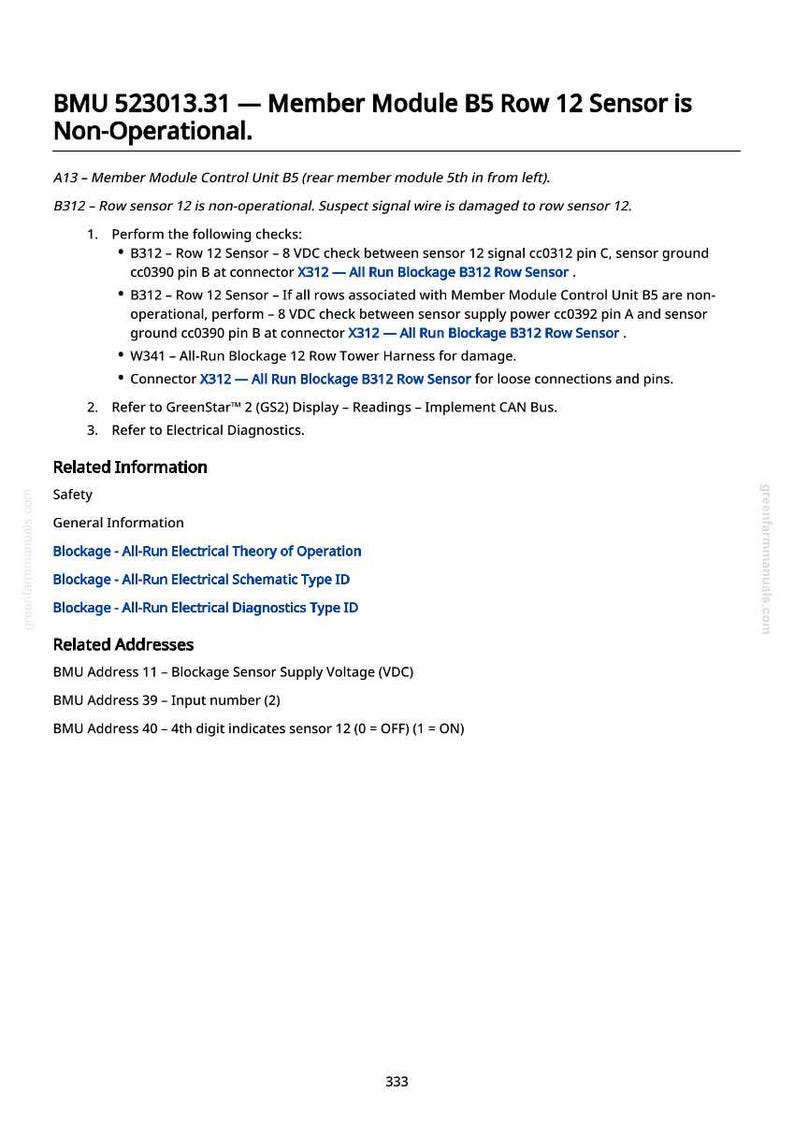 May include: A technical document with the title "BMU 523013.31 - Member Module B5 Row 12 Sensor is Non-Operational." The document includes troubleshooting steps, related information, and related addresses. The text is in black on a white background.