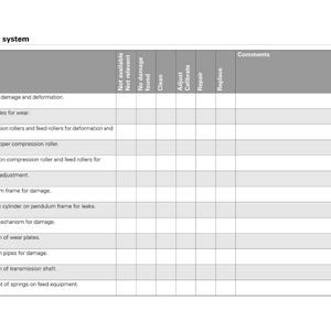 Peut inclure: Une liste de contr&ocirc;le intitul&eacute;e "Feed system" avec un tableau des points d'inspection. Le tableau comprend des colonnes pour "Non disponible", "Non pertinent", "Aucun dommage constat&eacute;", "Nettoyer", "Ajuster", "Calibrer", "R&eacute;parer" et "Remplacer".