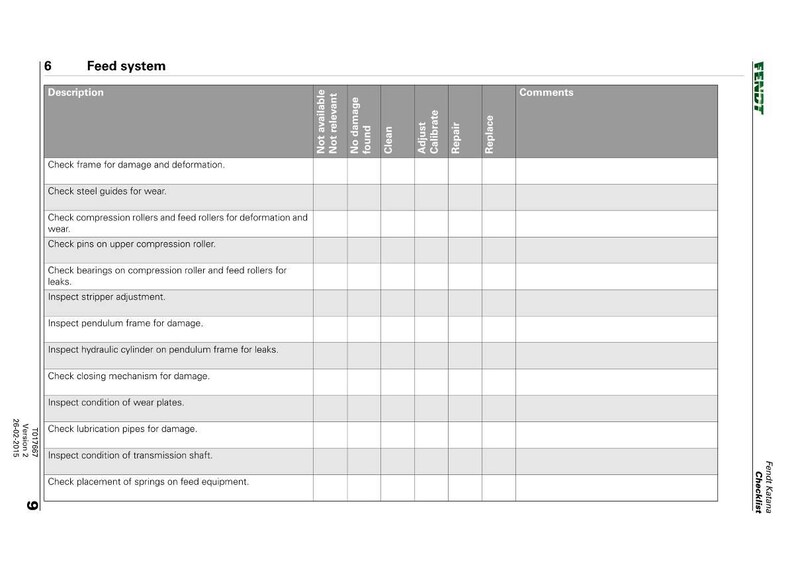 Peut inclure: Une liste de contr&ocirc;le intitul&eacute;e "Feed system" avec un tableau des points d'inspection. Le tableau comprend des colonnes pour "Non disponible", "Non pertinent", "Aucun dommage constat&eacute;", "Nettoyer", "Ajuster", "Calibrer", "R&eacute;parer" et "Remplacer".