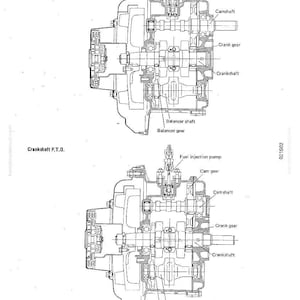 May include: Detailed technical diagram of an engine's internal components, including the camshaft, crankshaft, and fuel injection pump. The diagram is labeled with various parts and their functions, with the text "Camshaft P.T.O." and "Crankshaft P.T.O."