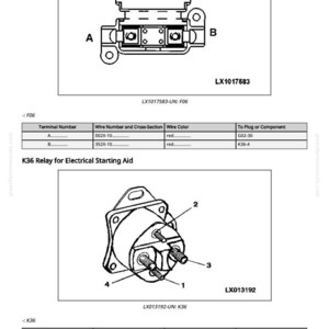 May include: Diagram of electrical components, including a relay for electrical starting aid. The image shows detailed line drawings of the components, with labels and a table providing terminal numbers, wire specifications, and color codes. The text includes model numbers.