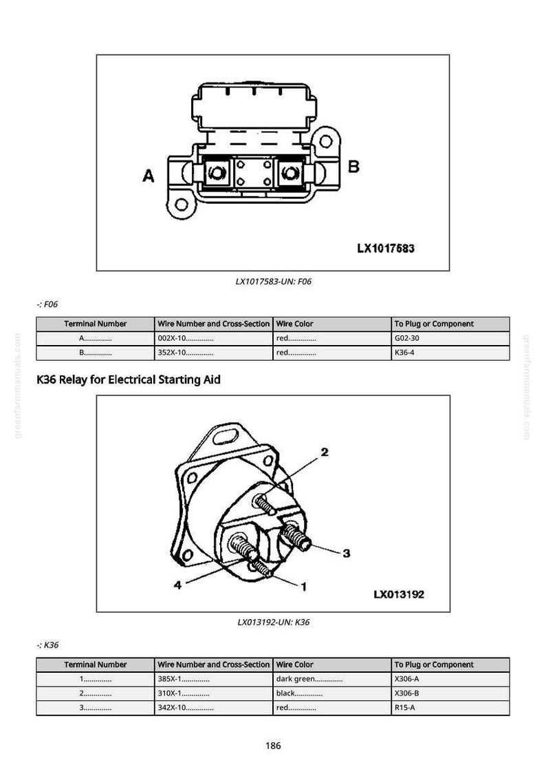 May include: Diagram of electrical components, including a relay for electrical starting aid. The image shows detailed line drawings of the components, with labels and a table providing terminal numbers, wire specifications, and color codes. The text includes model numbers.