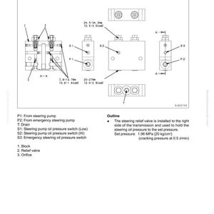 May include: Diagram of a steering relief valve assembly, labeled with part numbers and measurements in Nm and ksm. Includes a block, relief valve, and orifice, with text indicating set pressure and cracking pressure.
