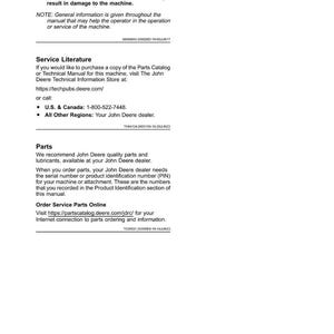 May include: A white document with the title "Introduction" at the top. The document contains text about machine operation, service literature, and parts. It includes a website address and phone number for ordering parts.
