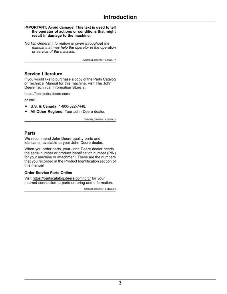 May include: A white document with the title "Introduction" at the top. The document contains text about machine operation, service literature, and parts. It includes a website address and phone number for ordering parts.