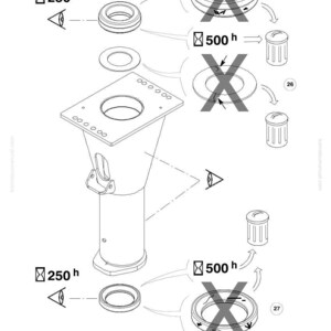 May include: Technical diagram with a central cylindrical component, surrounded by circular parts and trash can icons. The diagram includes text and symbols indicating assembly instructions and maintenance intervals.