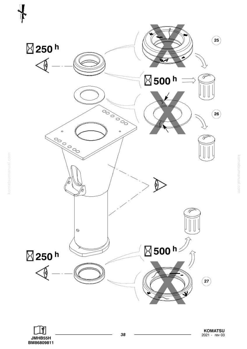May include: Technical diagram with a central cylindrical component, surrounded by circular parts and trash can icons. The diagram includes text and symbols indicating assembly instructions and maintenance intervals.