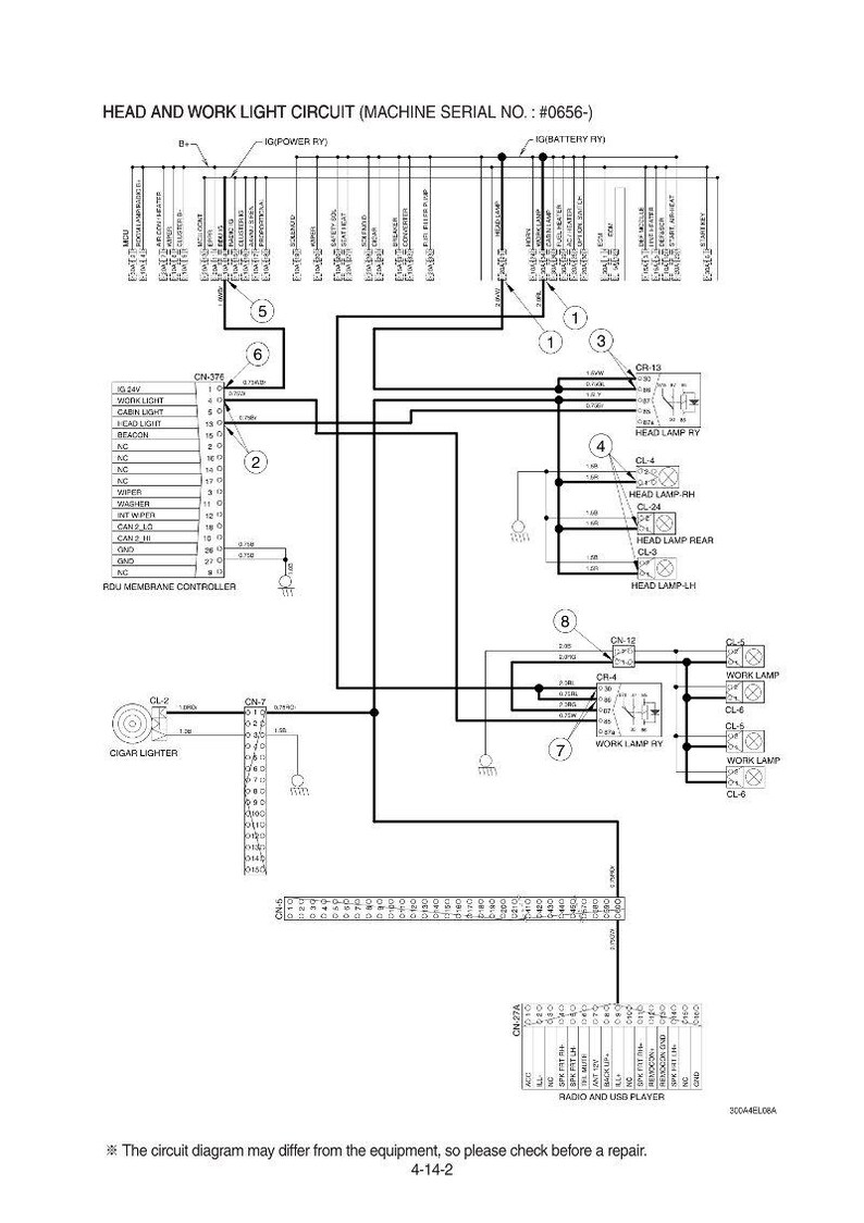 May include: A detailed electrical circuit diagram for head and work lights, labeled with various components and connection points. The diagram includes text such as "Head Lamp" and "Work Lamp", with a machine serial number.