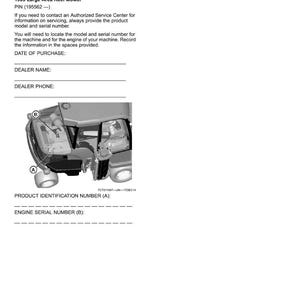 May include: A product identification document with the title "Product Identification." The document includes instructions for recording model and serial numbers for a 1905 Large Area Reel Mower. An image of the mower's engine is also included.