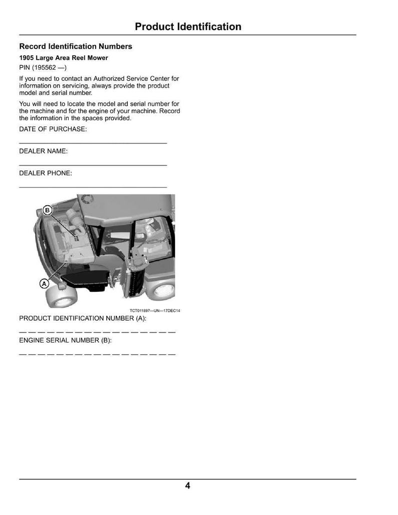 May include: A product identification document with the title "Product Identification." The document includes instructions for recording model and serial numbers for a 1905 Large Area Reel Mower. An image of the mower's engine is also included.