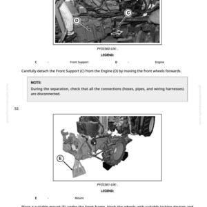 K&ouml;nnte beinhalten: Diagramm der Motorkomponenten eines Traktors mit Beschriftungen f&uuml;r Frontst&uuml;tze und Motor. Anweisungen zum L&ouml;sen der Frontst&uuml;tze und zum Anbringen einer geeigneten Halterung unter dem vorderen Rahmen. Text enth&auml;lt "HINWEIS:" zum Trennen von Verbindungen.