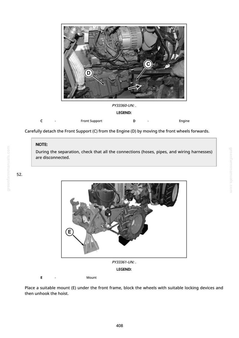 K&ouml;nnte beinhalten: Diagramm der Motorkomponenten eines Traktors mit Beschriftungen f&uuml;r Frontst&uuml;tze und Motor. Anweisungen zum L&ouml;sen der Frontst&uuml;tze und zum Anbringen einer geeigneten Halterung unter dem vorderen Rahmen. Text enth&auml;lt "HINWEIS:" zum Trennen von Verbindungen.