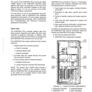 May include: Diagram of the KOMTRAX Plus system components, including the Orbcomm Controller, Interface Module, and Red/Green LED lights. Text details basic features, data gathering, and data conversion processes.