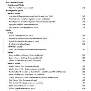 Puede incluir: Una tabla de contenidos detallada de un manual de greenfarmmanuals.com, que enumera varios procedimientos para el mantenimiento de maquinaria. El texto es negro sobre fondo blanco, con n&uacute;meros de p&aacute;gina a la derecha.