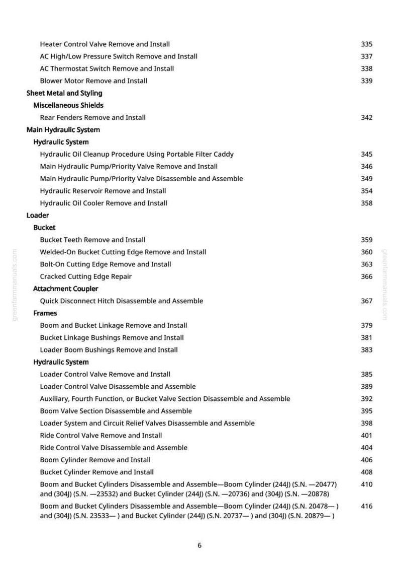 Puede incluir: Una tabla de contenidos detallada de un manual de greenfarmmanuals.com, que enumera varios procedimientos para el mantenimiento de maquinaria. El texto es negro sobre fondo blanco, con n&uacute;meros de p&aacute;gina a la derecha.
