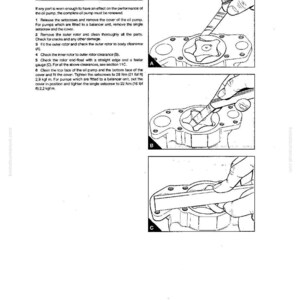 May include: Technical diagram illustrating the inspection of an oil pump. The image provides detailed instructions and close-up views of the pump's internal components. Text guides the user through checking clearances and tightening screws.