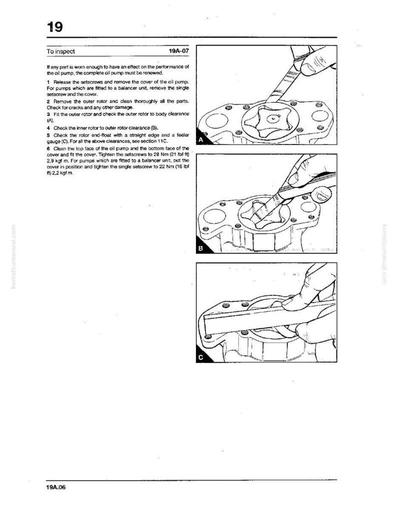 May include: Technical diagram illustrating the inspection of an oil pump. The image provides detailed instructions and close-up views of the pump's internal components. Text guides the user through checking clearances and tightening screws.