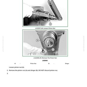 Pode incluir: Diagrama das etapas de desmontagem do pinh&atilde;o. A imagem mostra uma chave inglesa soltando uma porca rotulada como "A" e removendo a porca e o defletor do pinh&atilde;o. O texto inclui "Afloxe a porca do pinh&atilde;o" e "Remova a porca do pinh&atilde;o".