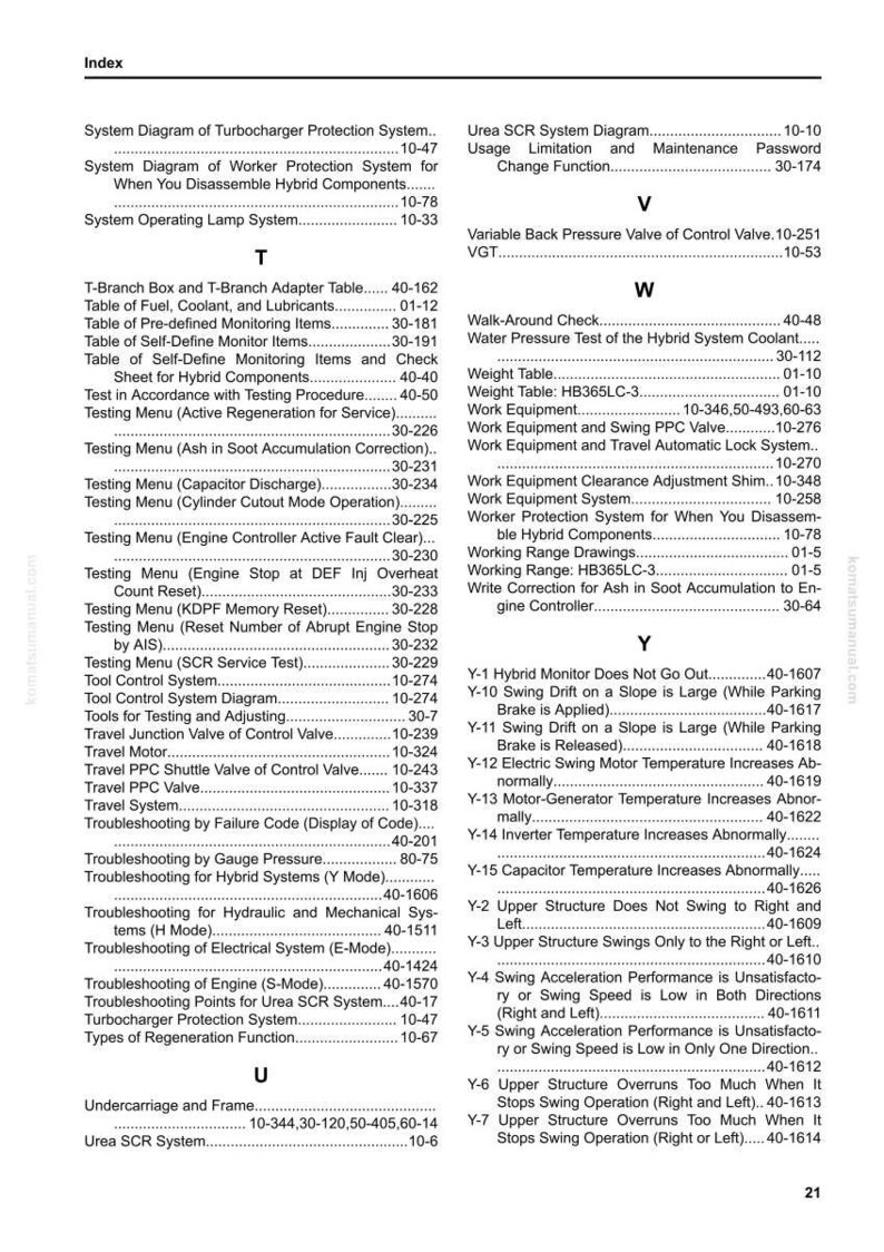 May include: A detailed index page from a manual, featuring a table of contents with various technical terms and page numbers. The document covers topics like system diagrams, testing menus, and troubleshooting guides.
