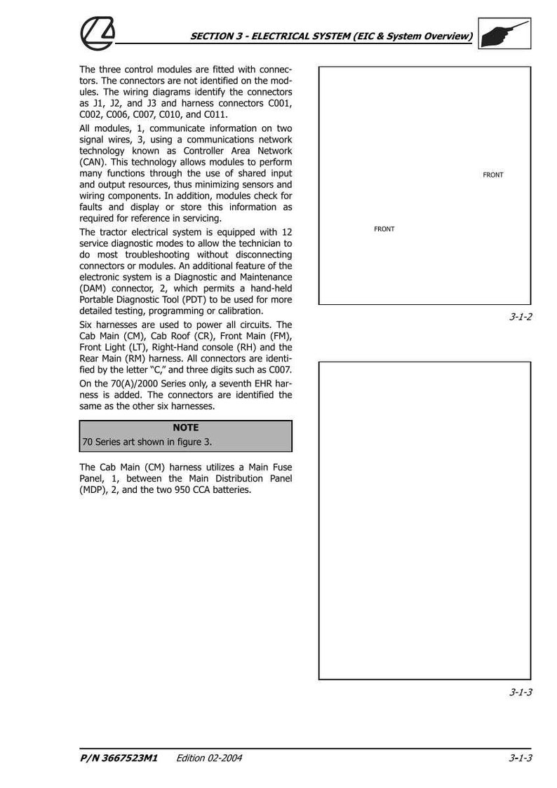 Pode incluir: Diagrama de uma vis&atilde;o geral do sistema el&eacute;trico, com texto detalhando m&oacute;dulos de controle, conectores e chicotes. Inclui o texto "SECTION 3 - ELECTRICAL SYSTEM (EIC & System Overview)" e "FRONT".