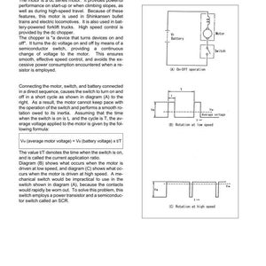 May include: Technical diagrams and text detailing the principle of travel motor speed change. Features a circuit diagram and graphs showing voltage variations at different speeds. Educational material.