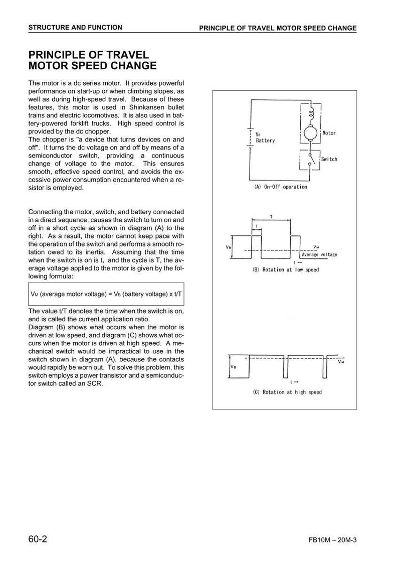May include: Technical diagrams and text detailing the principle of travel motor speed change. Features a circuit diagram and graphs showing voltage variations at different speeds. Educational material.