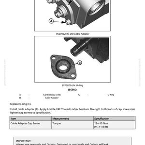 May include: Technical diagram with close-up views of mechanical components, including a cable adapter and O-ring. Text labels identify parts and specifications, including torque measurements in foot-pounds.