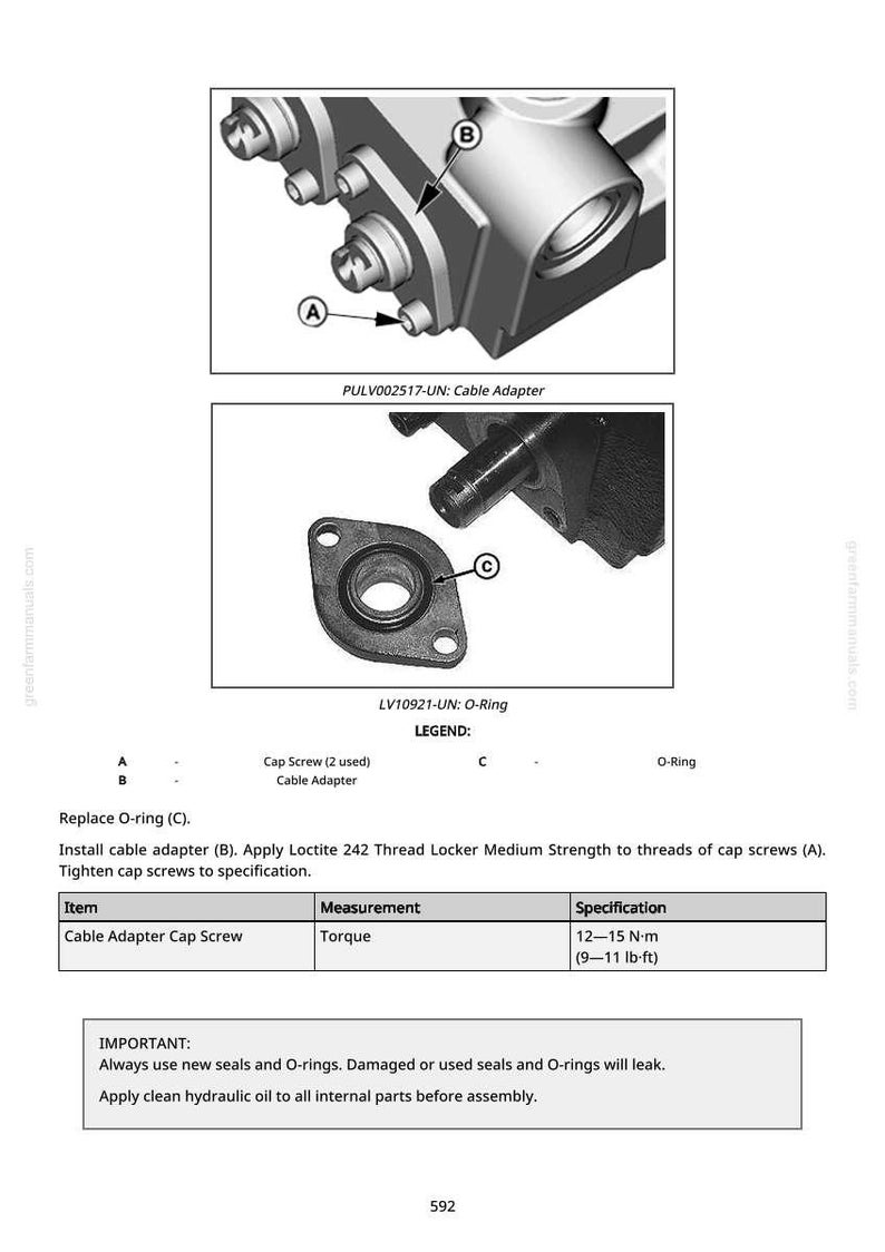May include: Technical diagram with close-up views of mechanical components, including a cable adapter and O-ring. Text labels identify parts and specifications, including torque measurements in foot-pounds.