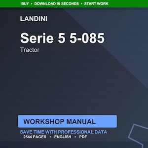 Op de afbeelding: Een digitale werkplaatshandleiding voor Landini Serie 5 5-085 tractoren. De titel staat in grote witte tekst op een donkerblauwe achtergrond. De handleiding bevat 2544 pagina's met professionele gegevens in het Engels en PDF-formaat.