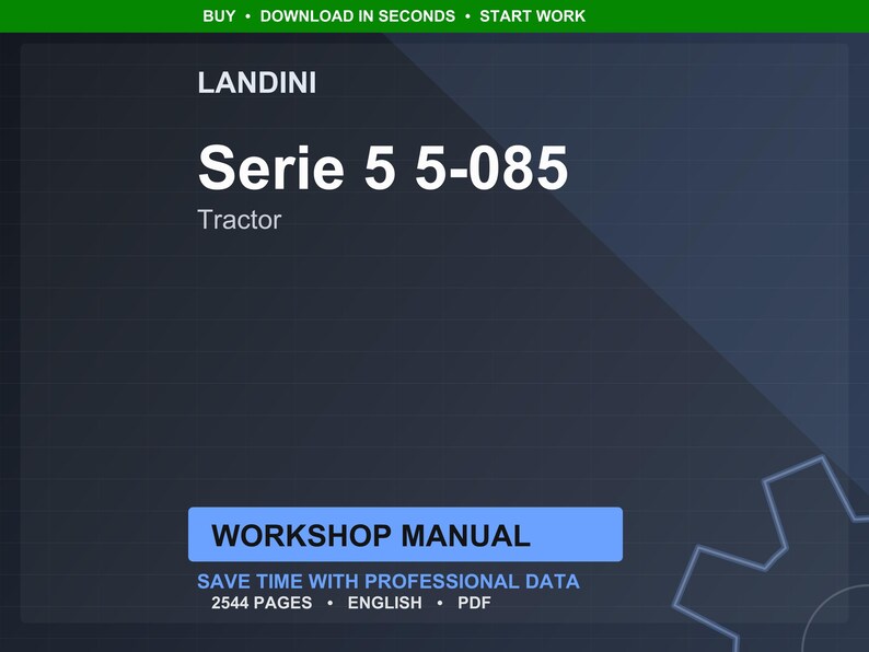 Op de afbeelding: Een digitale werkplaatshandleiding voor Landini Serie 5 5-085 tractoren. De titel staat in grote witte tekst op een donkerblauwe achtergrond. De handleiding bevat 2544 pagina's met professionele gegevens in het Engels en PDF-formaat.