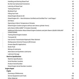 Pode incluir: Uma p&aacute;gina de um manual detalhando combust&iacute;veis, lubrificantes e l&iacute;quidos de arrefecimento para motores. O texto inclui t&oacute;picos como combust&iacute;vel diesel, filtros de &oacute;leo e l&iacute;quido de arrefecimento do motor. Os n&uacute;meros das p&aacute;ginas s&atilde;o vis&iacute;veis e o documento &eacute; de greenfarmmanuals.com.