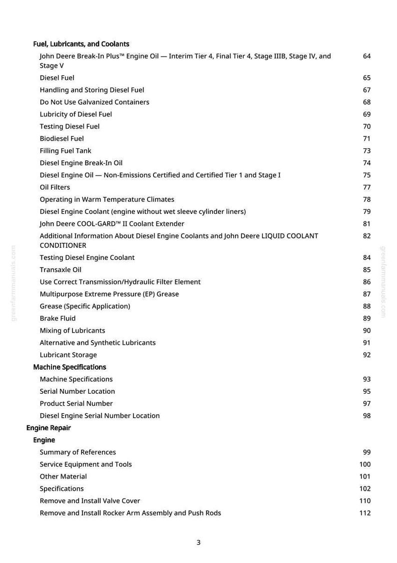 Pode incluir: Uma p&aacute;gina de um manual detalhando combust&iacute;veis, lubrificantes e l&iacute;quidos de arrefecimento para motores. O texto inclui t&oacute;picos como combust&iacute;vel diesel, filtros de &oacute;leo e l&iacute;quido de arrefecimento do motor. Os n&uacute;meros das p&aacute;ginas s&atilde;o vis&iacute;veis e o documento &eacute; de greenfarmmanuals.com.