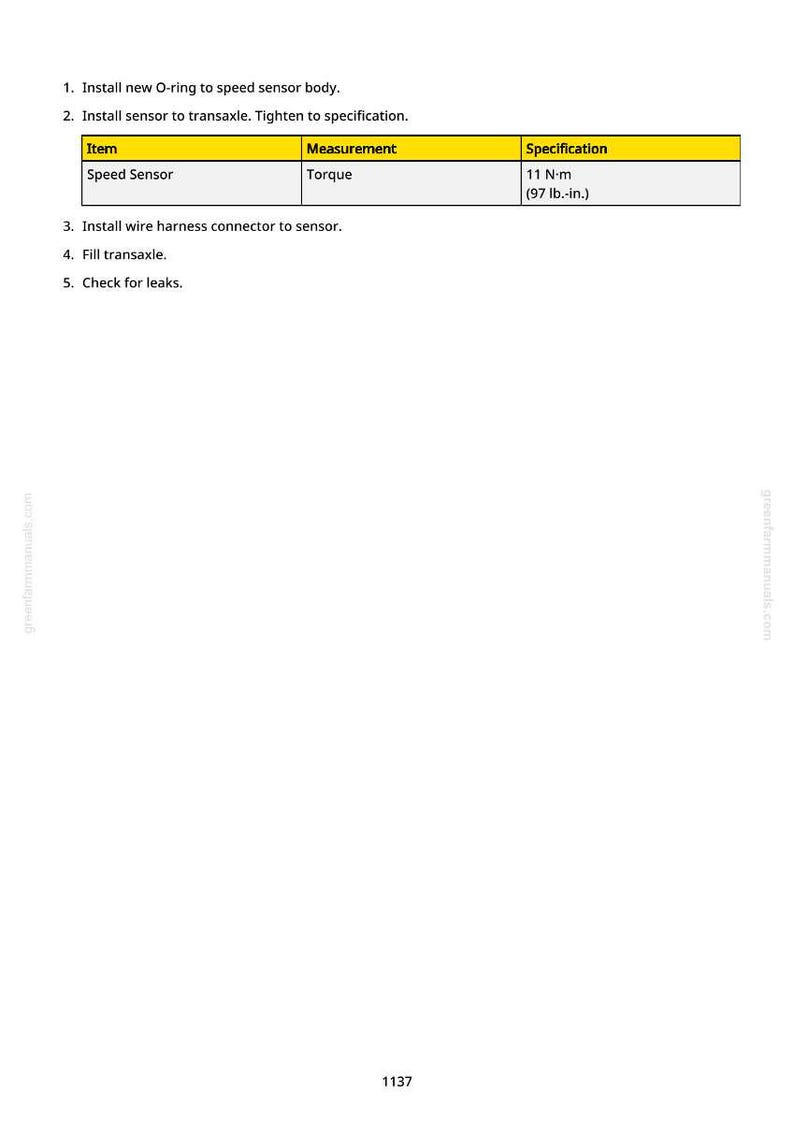 May include: A white page with instructions for installing a speed sensor. The instructions include steps for installing the O-ring, sensor, and wire harness. The specification for torque is 11 N-m (97 lb.-in.).