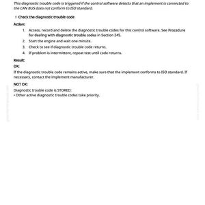 May include: A white document with black text detailing diagnostic trouble codes for a CAN BUS attachment. The document includes instructions, results, and troubleshooting steps. The text includes the title "TEC 522550.14 - No ISO-compatible implement connected to CAN BUS attachment."